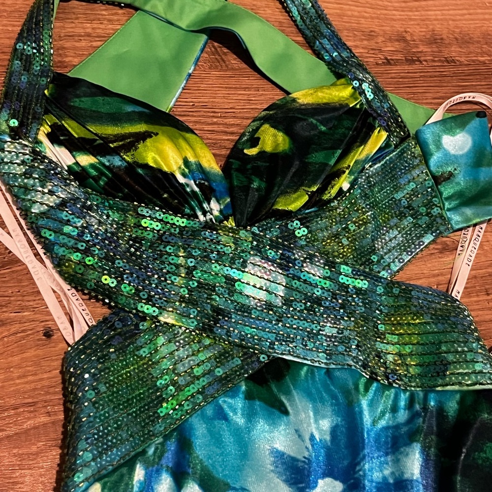 Masquerade Dress Womens 1/2 Green Blue Maxi Floral Gown Whimsy Fairy Prom Y2K - Picture 14 of 15